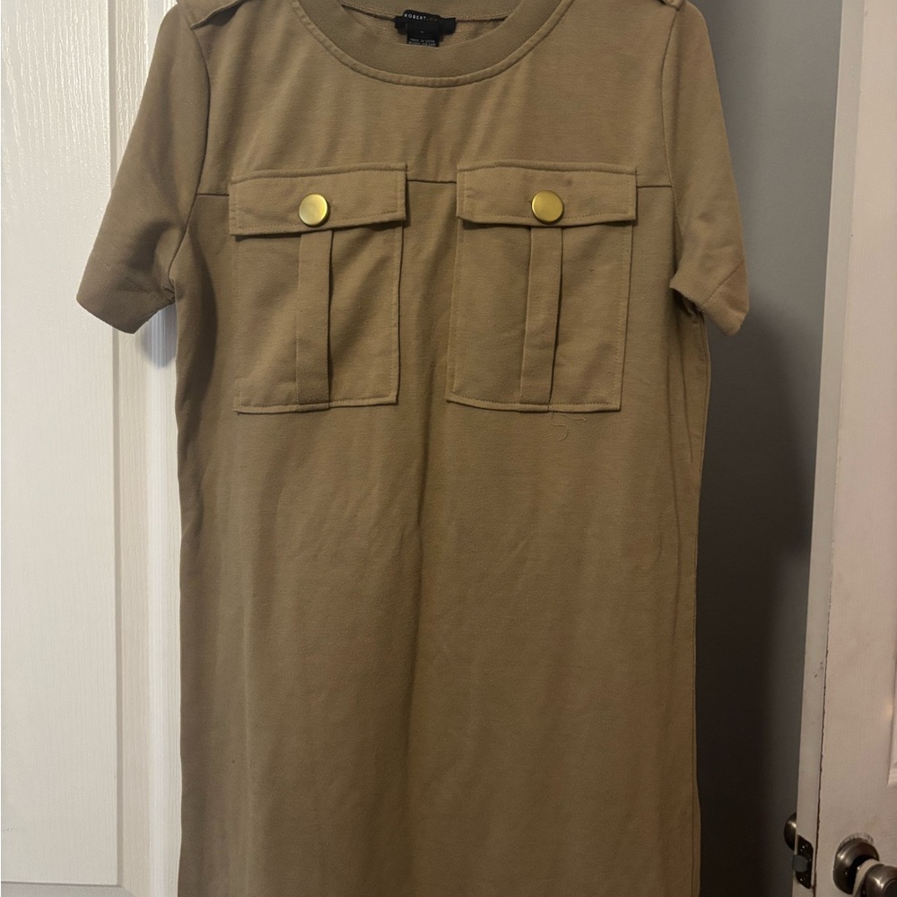 Khaki Short Sleeve dress with Gold Button Accents